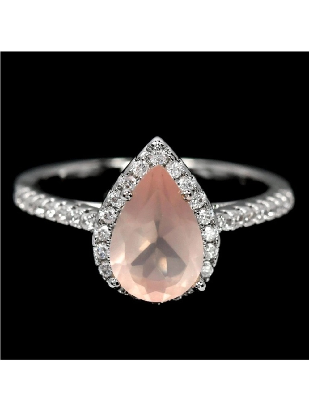 Stunning Natural Rose Quartz Teardrop w/ Zircon halo & accent Ring Size 8.75